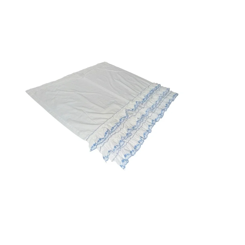 Vintage Set of 3 Ruffled Valances Short Curtains Panels Blue & White Embroidered
